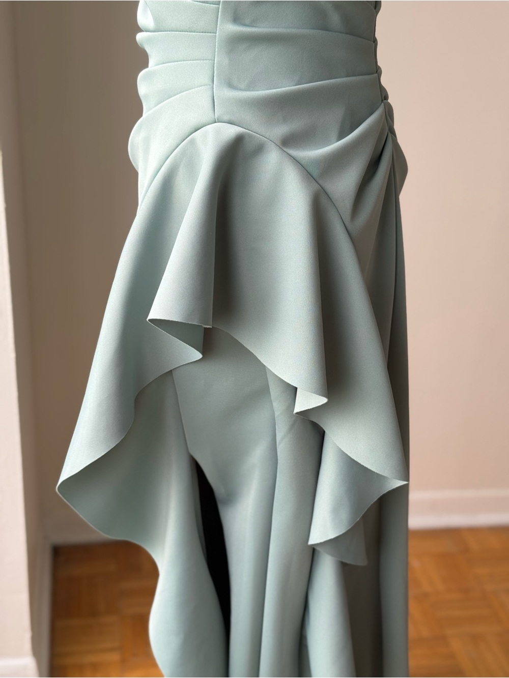 NWOT Xscape Flo Long Techno Scuba One Shoulder Ruffle Dress Size 6 - Picture 6 of 9